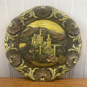 Vtg 1967 Neuschwanstein Germany Castle of Bavaria 3D Resin Wood Carved Wall Hang